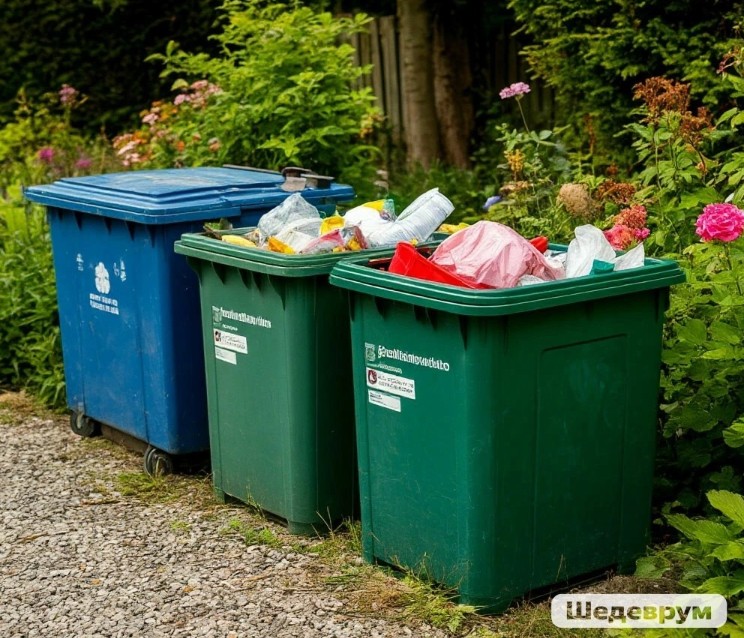 Вот так видит контейнерную площадку для отходов нейросеть «Шедевриум». А на самом деле закону площадки для накопления ТКО и специальные площадки для крупногабаритных отходов должны иметь подъездной путь и твёрдое (асфальтовое, бетонное) покрытие с уклоном, глухое ограждение с трёх сторон высотой не менее 1,5 м. Площадки накопления ТКО должны размещаться на расстоянии не менее 20 метров и не более 500 метров от границ садовых земельных участков и зон отдыха.